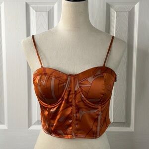 Rachel Zoe Orange Retro Print Corset Bustier Cami Crop Top Large